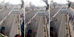 Protesters destroy potted flowers and set tyres on fire on the Mlolongo section of the Nairobi Expressway on July 12, 2023. 