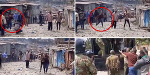 A plain-clothed police officer pounces on a protester in Mathare on Wednesday, July 19, 2023.