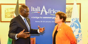President William Ruto (left) talking to the Director of the International Monetary Fund (IMF), Kristalina Georgieva in Italy on January 29, 2024