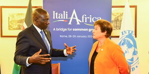 President William Ruto (left) talking to the Director of the International Monetary Fund (IMF), Kristalina Georgieva in Italy on January 29, 2024