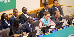 President William Ruto (centre in front row) addressing delegates during the United Nations General Assembly in New York, the United States, on Monday, September 22, 2025.