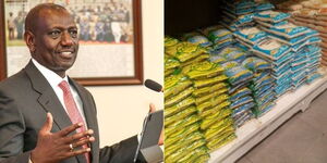 A photo collage of President William Ruto and different brands of sugar at a supermarket shelf.