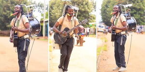 Instrumentalist Joshua Kamau popularly known as Krack Wizz performing in the streets of Nairobi on Sunday, April 23, 2023.