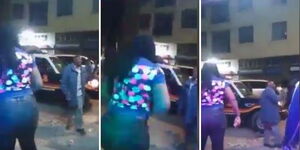 A photo collage of a Nairobi-based trader engaging in a shouting march with a police officer.