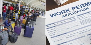 A photo collage of passengers stuck JKIA (left) and a US work permit application sheet. 
