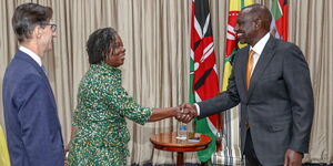 President William Ruto greeting World Bank Regional Vice President for Eastern and Southern Africa Victoria Kwakwa at State House on February 7, 2022.