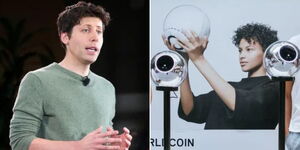 A photo collage of billionaire Sam Altman making an address in the US on September 2022 (left) and WorldCoin orbs placed outside a supermarket (right).