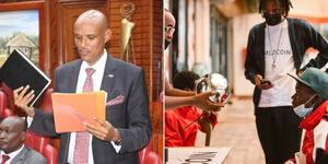 A photo of DCI boss Amin Mohamed appearing before MPs on September 4, 2023 (left) and Kenyans registering for WorldCoin in Nairobi in March 2023 (right). 