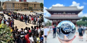 A photo collage of Kenyans lined up at KICC (left) to register for WorldCoin and a retina scanner used for the registration exercise.