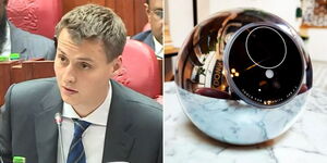A photo collage of WorldCoin co-founder and CEO Alex Blania appearing before MPs on September 6, 2023 (left) and the Orbs used to scan people's iris (right).