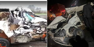 Wreckage from the Ngata Bridge along  Nakuru-Nairobi Highway (left) and mangled up probox.