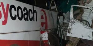 Wreckage of a bus belonging to Easy Coach Limited at an accident scene along Nairobi-Nakuru Highway on Sunday, April 2, 2023.