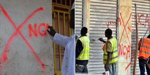 Collage of National Construction Authority employee putting X sign on a building and workers removing the X sign 