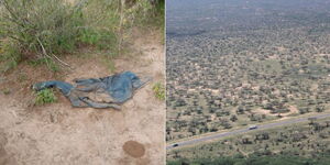 A photo collage of scene where human remains were found in Yatta B2 ranch (left) and aerial view of the ranch.