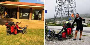 A collage of Yves Kino, French National who travels the world with his electric bicycle