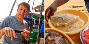 French YouTuber Kino Yves at a hotel in Kibera and a plate of ugali he was charged Ksh800.