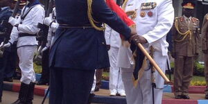 Retired Chief of Defense Forces Julius Karangi hands over to Samson Mwathethe.