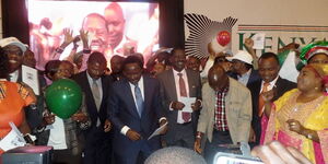 CORD leaders standing while baloons fall on them