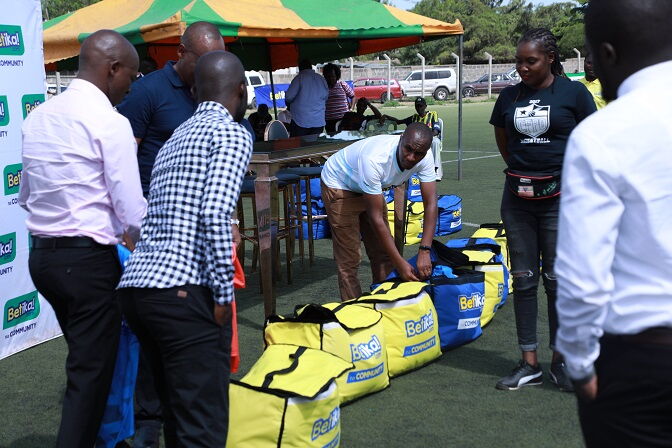 Betika representatives hand over kits and gifts to the National Super League team representatives at Camp Toyoyo on February 24.