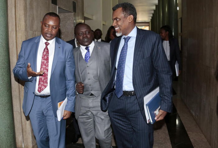 Director of Public Prosecution Noordin Haji (R) and Directorate of Criminal Investigations (DCI) boss George Kinoti after a Committee meeting with the Multi-Agency team on Corruption at Parliament. 