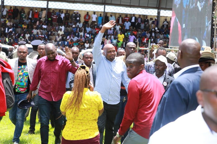 Elgeyo Marakwet Kipchumba Murkomen (l) and Gatundu South MP Moses Kuria leaving Kinoru Stadium midway through the BBI rally on February 29, 2020.