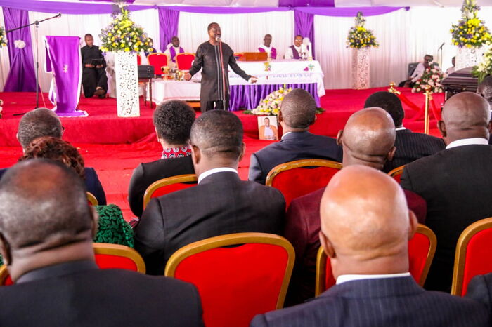 Orange Democratic Movement (ODM) leader Raila Odinga addresses mourners at the funeral of veteran opposition politician Nginyo Kariuki in Tigoni, Kiambu County on March 3, 2020