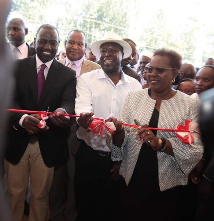 Deputy President William Ruto (left) with Alice Wahome, Kandara MP (right) at the official opening of Kandara Training Technical College in Muranga County on Friday, March 6, 2020