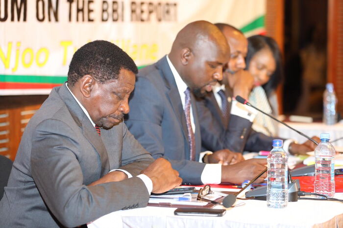Senate Minority Leader James Orengo (left) and his counterpart Kipchumba Murkomen presenting their proposed amendments at Laico Regency on March 10, 2020.