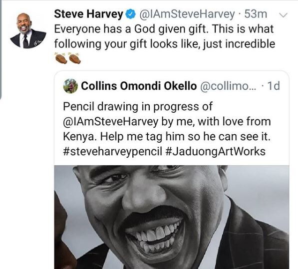 Steve Harvey's response after seeing a painting bearing his image by Kenyan Artist Collins Omondi.