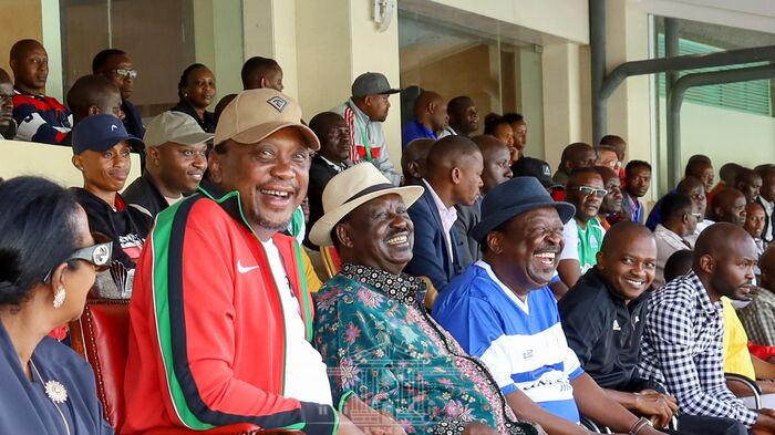 FROM LEFT: President Uhuru Kenyatta, ODM leader Raila Odinga, ANC leader Musalia Mudavadi and Football Kenya Federation (FKF) President Nick Mwenda at the Kasarani Stadium in Nairobi on Sunday, March 8