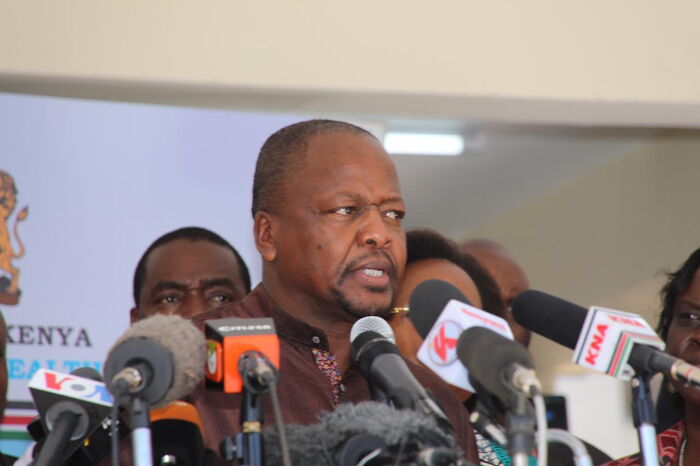 Ministry of Health Cabinet Secretary Mutahi Kagwe addresses the media from the Mbagathi District Hospital on Friday, March 6, 2020.
