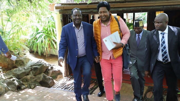ODM leader Raila Odinga and Narok Senator Ledama ole Kina after meeting Maa leaders at the Maasai Lodge, Kajiado county on Friday, February 21, 2020.