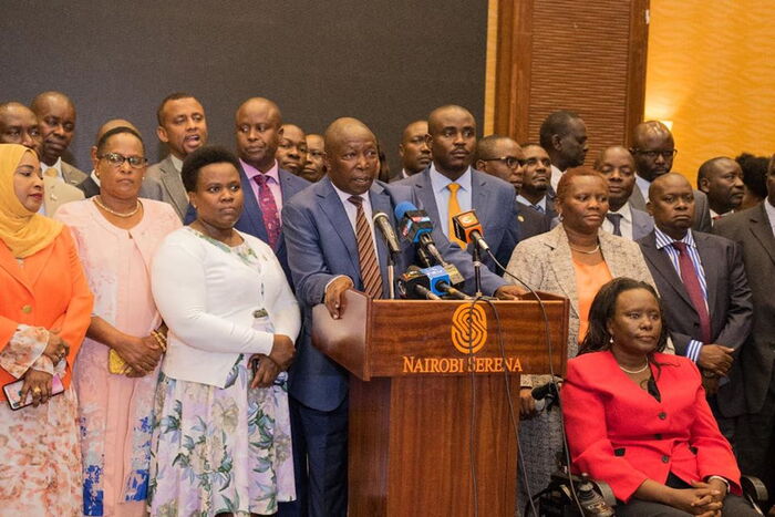 Legislators at the Serena Hotel demanding for the resignation of Deputy President William Ruto on Wednesday, March 11