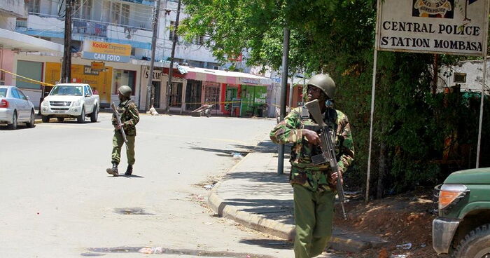officers guard the Mombasa Central Police station after an attack in the past