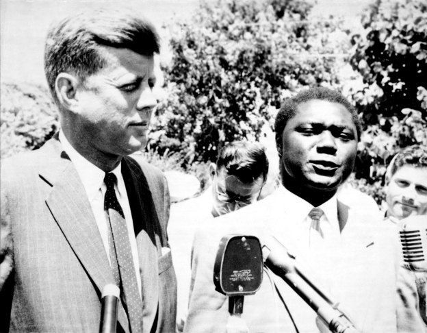 American Presidential hopeful John F. Kennedy and Tom Mboya addressing the press in 1960.