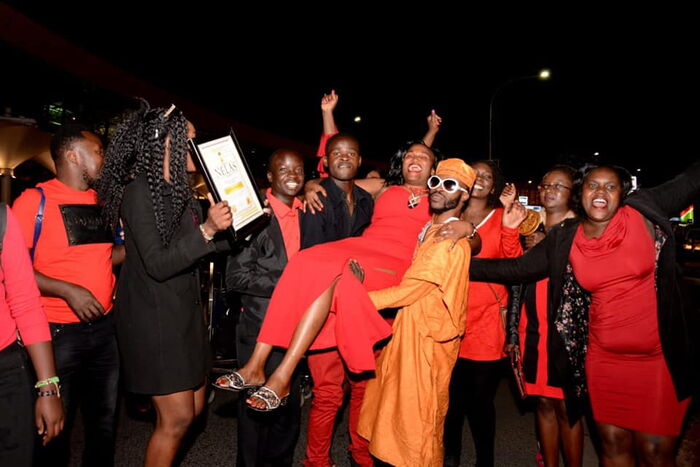 Connie Kabarry celebrates with friends after winning the NELAS 2018 award 