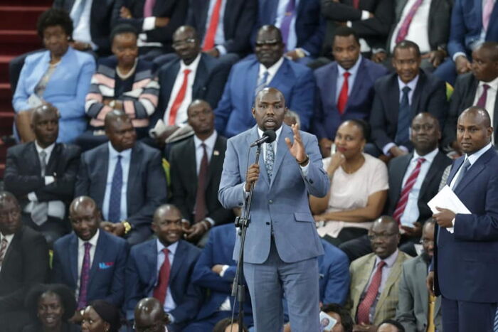 Senate Majority leader addresses leaders and members of the public during the BBI launch at Bomas of Kenya on November 27, 2019.