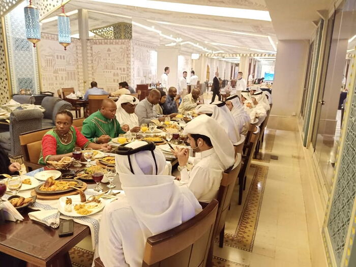Nominated MP David ole Sankok and his wife, Hellen Sankok (both in green) dine like Kings in Qatar on Tuesday, October 22.