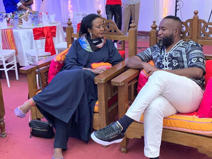 Mombasa Governor Ali Hassan Joho chats with Sports CS Amina Mohammed during the dinner which was held on Saturday, October 19.