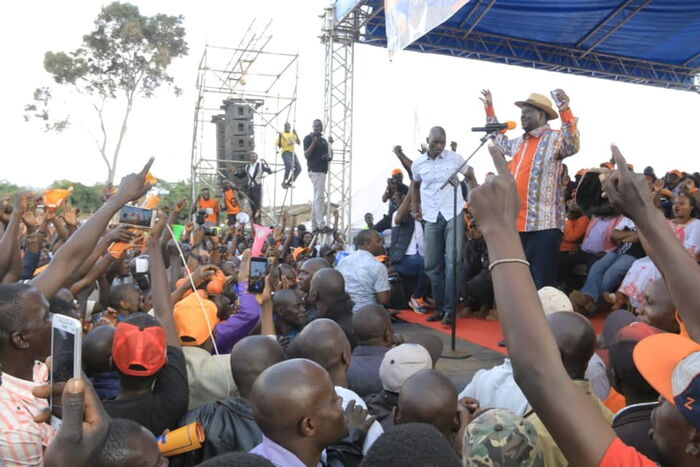 Opposition leader Raila Odinga addressing a crowd at Woodley Grounds in Kibra Constituency on Sunday, November 3.