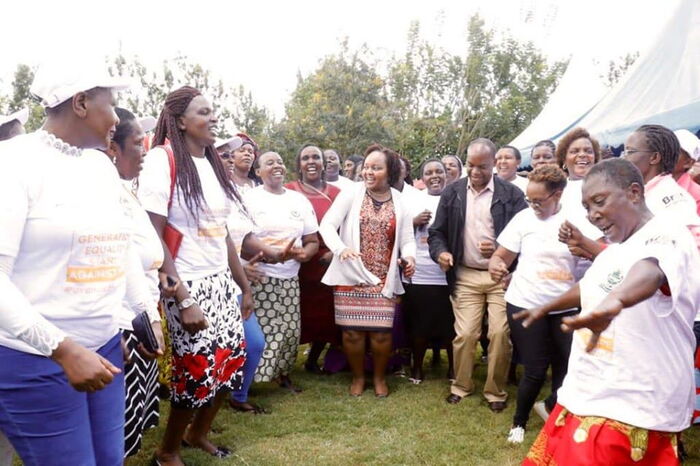 Kirinyaga Governor Anne Waiguru, her deputy Peter Ndambiri with women during the launch of 