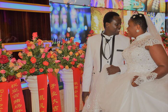 A photo of Meru woman representative Kawira Mwangaza and her wife Murega Baichu during their wedding in May 2018