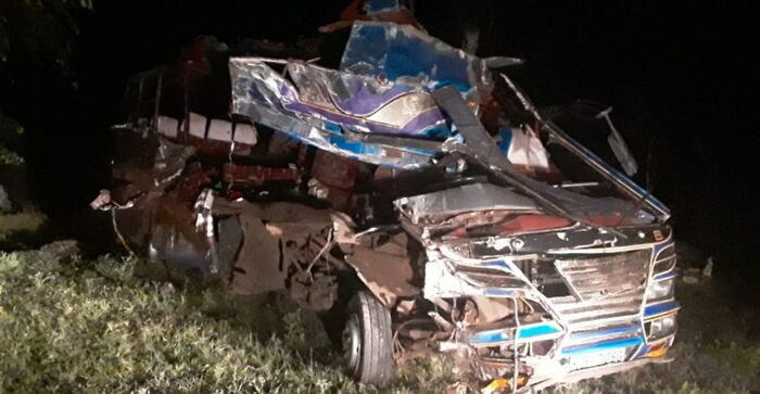 The Eldoret Express bus that collided with a truck in Awasi on Friday, October 4. Photo: K24 Digital.
