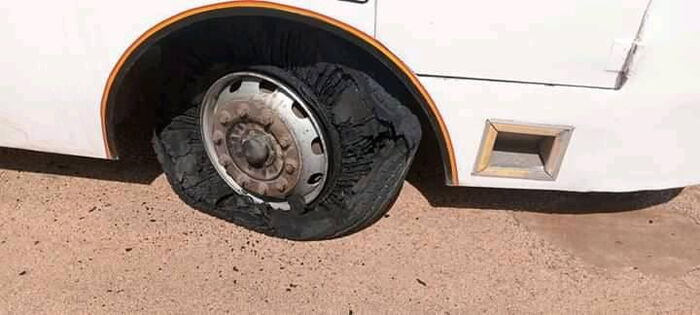 The burst tire from the Mombasa Raha bus attacked on January 2 by alshabaab militants