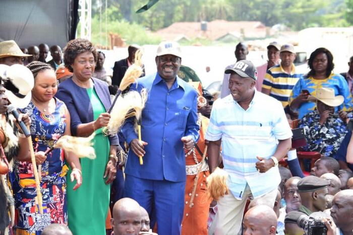 Raila Odinga and Jubilee nominated MP Maina Kamanda, Kitui Governor Charity Ngilu and her Kirinyaga counterpart Anne Waiguru enjoy a light moment at BBI rally in Bukhungu Stadium, Kakamega on Saturday, January 18