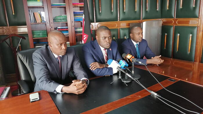 Kieni MP Kanini Kega, Nairobi Senator Johnson Sakaja and Suna East MP Junet Mohammed at a press briefing in Nairobi on January 22, 2020.