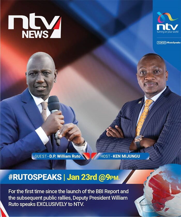 NTV's Ken Mijungu will engage Deputy President William Ruto on January 23, 2020.
