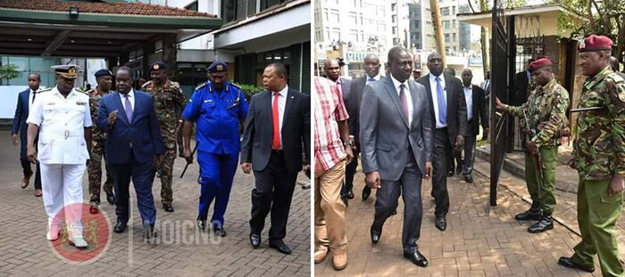 A collage of Deputy President William Ruto and Interior CS Fred Matiang'i at Lee Funeral Home on Tuesday, February 4