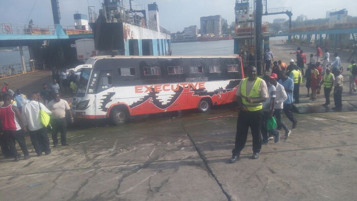 A Channia Executive bus that skidded off a ferry at the Linkoni channel on Frday, February 7.
