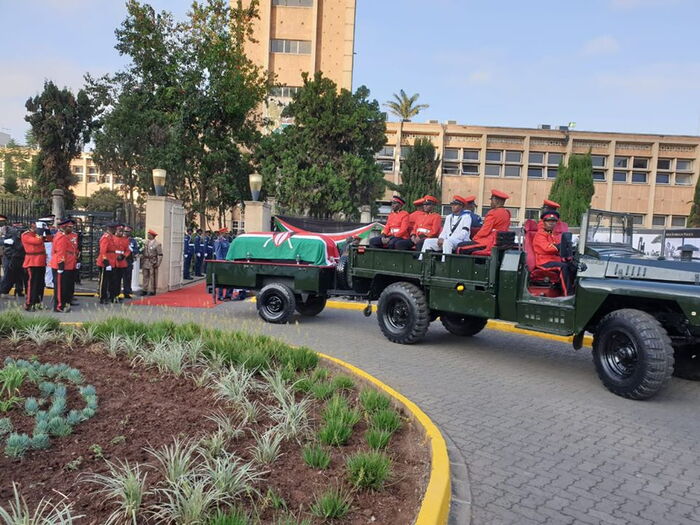 Retired President Daniel arap Moi's body arrives at Parliament buildings on Saturday, February 8